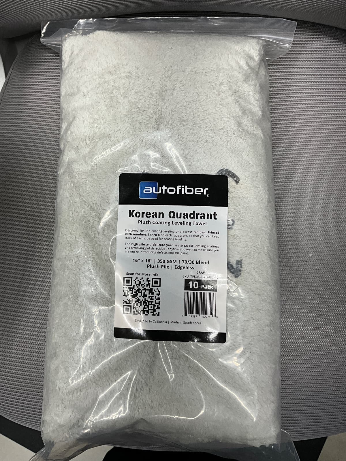 Autofiber Korean Quadrant plush microfiber towel in gray, sealed in plastic packaging with product label visible showing 16x16 inches, 350 GSM, 70/30 blend